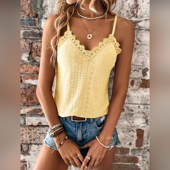 New Boho Open Embroidered Eyelet Lace Cami Top Tank Yellow - Picture 1 of 8